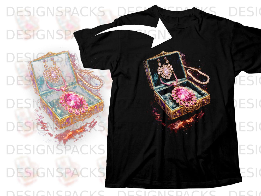 Black t-shirt with an open jewelry box filled with pink gemstone necklaces and pearl strands.