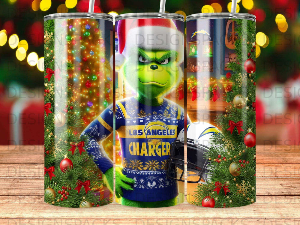 Grinch in Los Angeles Chargers sweater with football helmet and Christmas decorations.