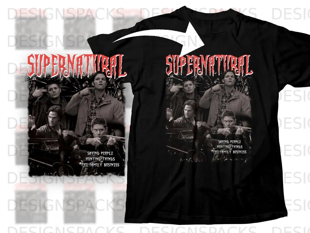 Black t-shirt with "Supernatural" logo and cast members.
