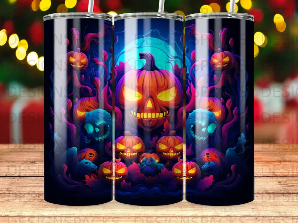 Halloween scene with glowing jack-o'-lanterns and skulls under a full moon.