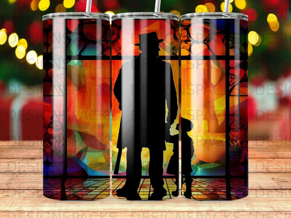 Silhouette of a man in a hat and coat holding a child's hand.