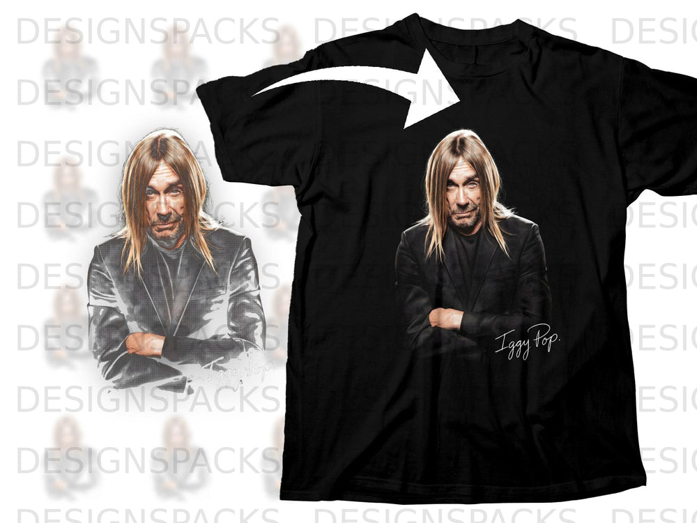 Black t-shirt with Iggy Pop graphic and handwritten signature.