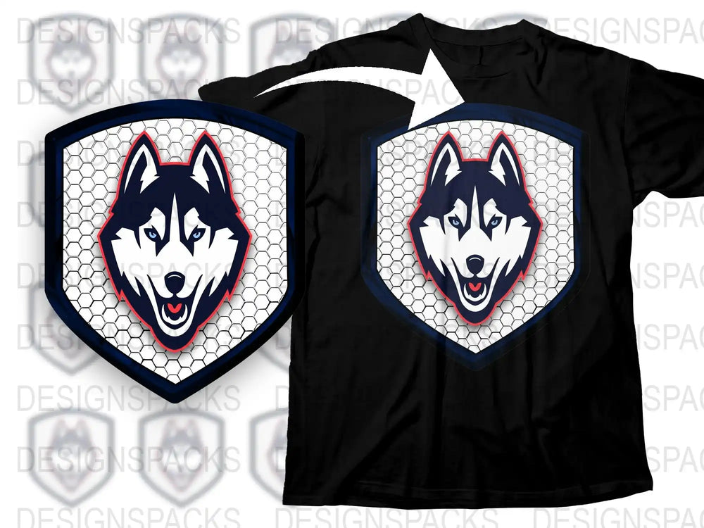 Husky Face Shield Logo T-Shirt, Black Graphic Tee, Men's Casual Wear, Animal Emblem Design, Unique Dog Lover Gift