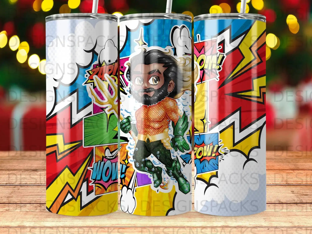 Comic-style tumbler with superhero character and "Wow!" and "Pow!" text.