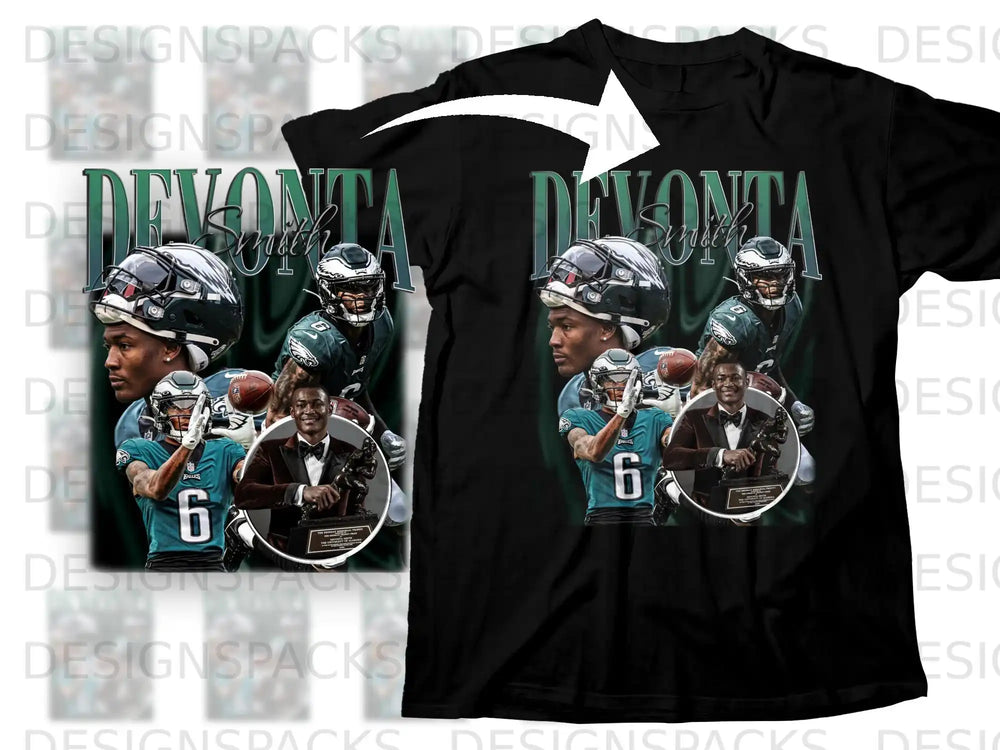 Black t-shirt with Devonta Smith graphic and Philadelphia Eagles logo.