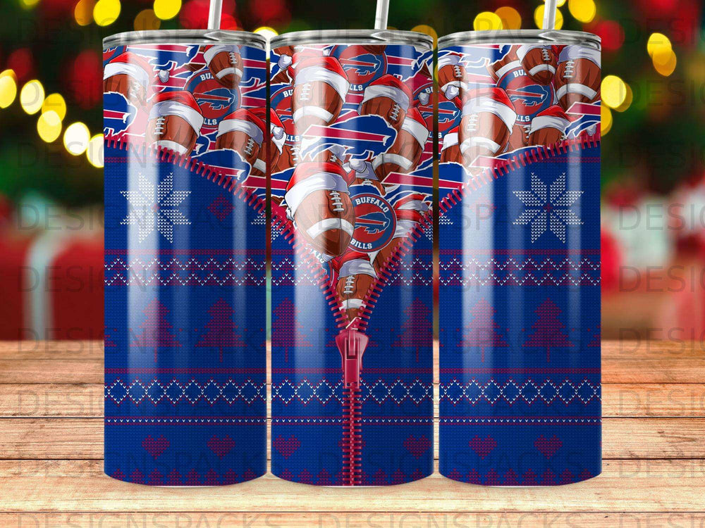 Buffalo Bills logo and plaid pattern on a zipper closure tumbler.