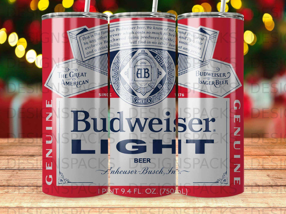 Budweiser beer tumbler with "Genuine Budweiser Light" and "Anheuser-Busch" text.