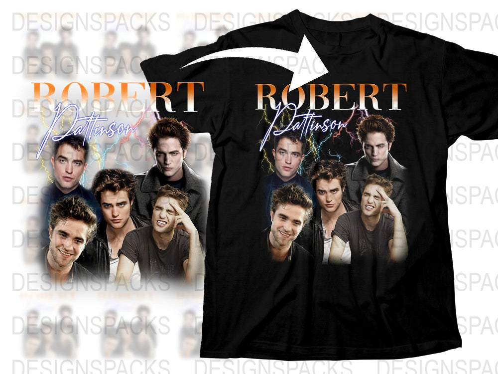 Robert Pattinson T-Shirt, Twilight Movie Fan Merch, Multiple Poses Graphic Tee, Actor Print Top, Black Shirt with Celebrity Faces