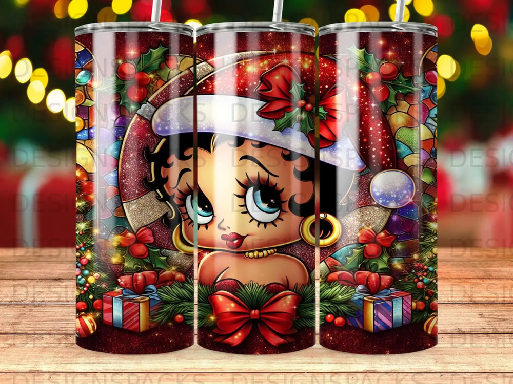 Betty Boop in Santa hat with Christmas gifts and festive lights.