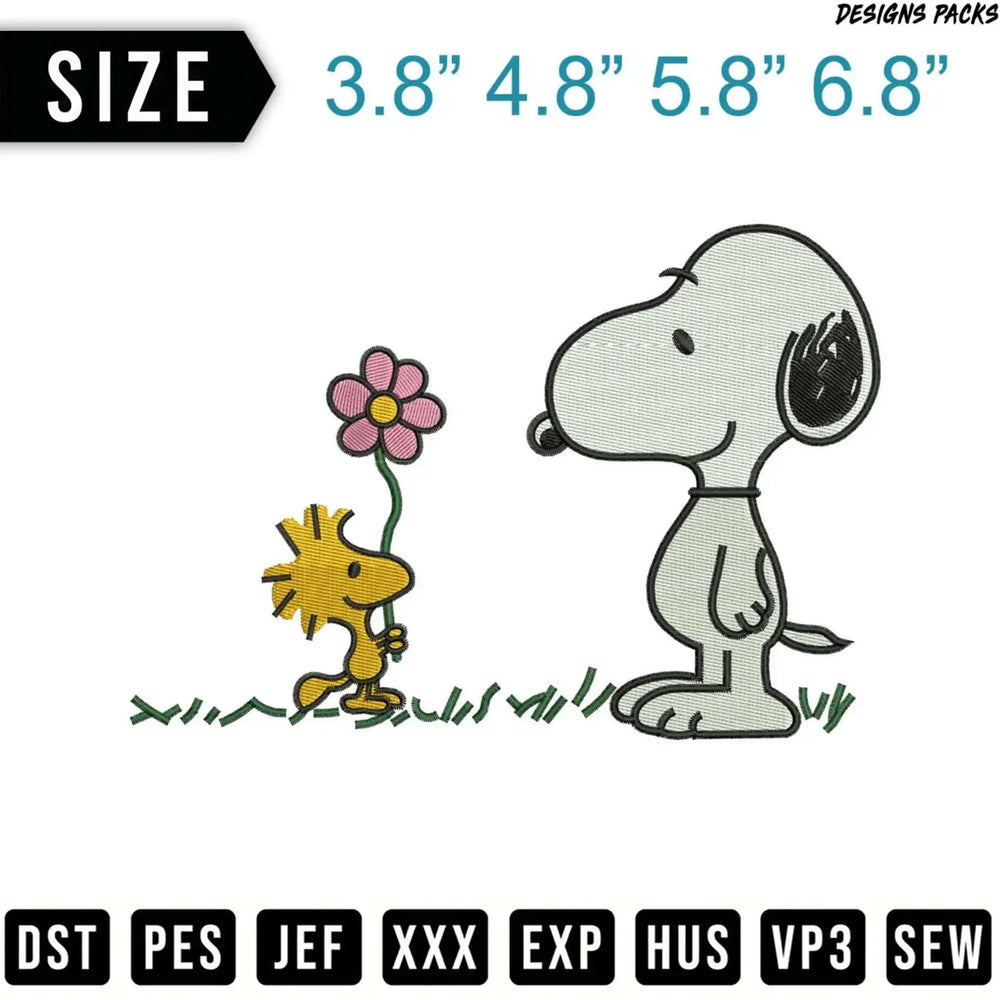 Snoopy and Woodstock holding a flower, with size and file format details.