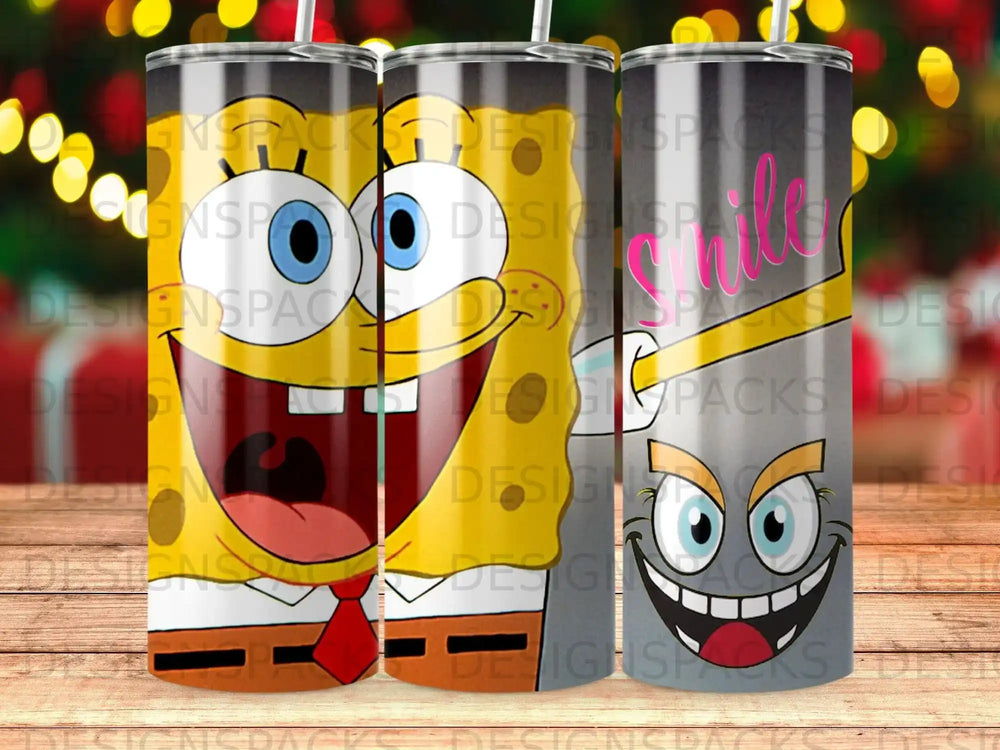 SpongeBob SquarePants and Patrick Star cartoon characters on three tumblers.