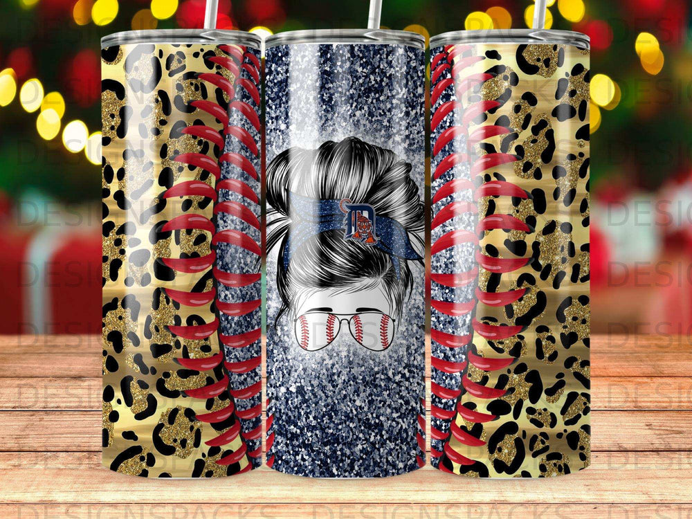 Tumbler with leopard print, baseball, and sparkly blue background.