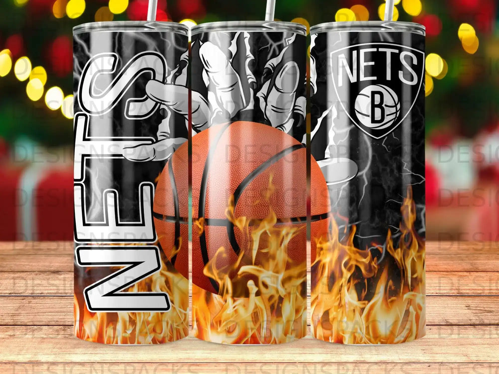 Brooklyn Nets tumbler with basketball and flames.
