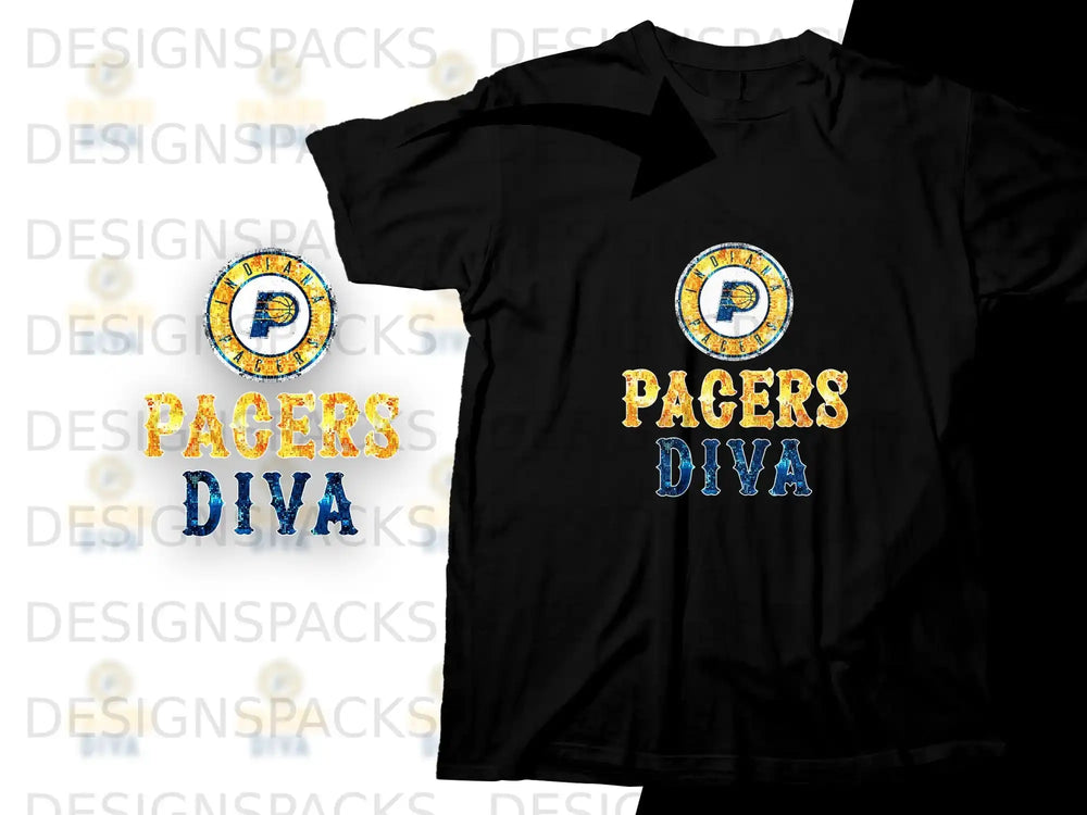 Black t-shirt with "Pacers Diva" text and Indiana Pacers logo.