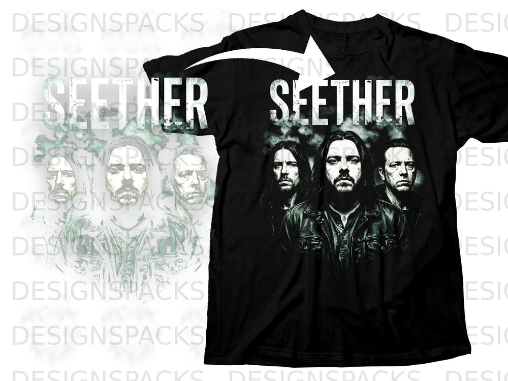 Black t-shirt with "Seether" band logo and portraits of band members.
