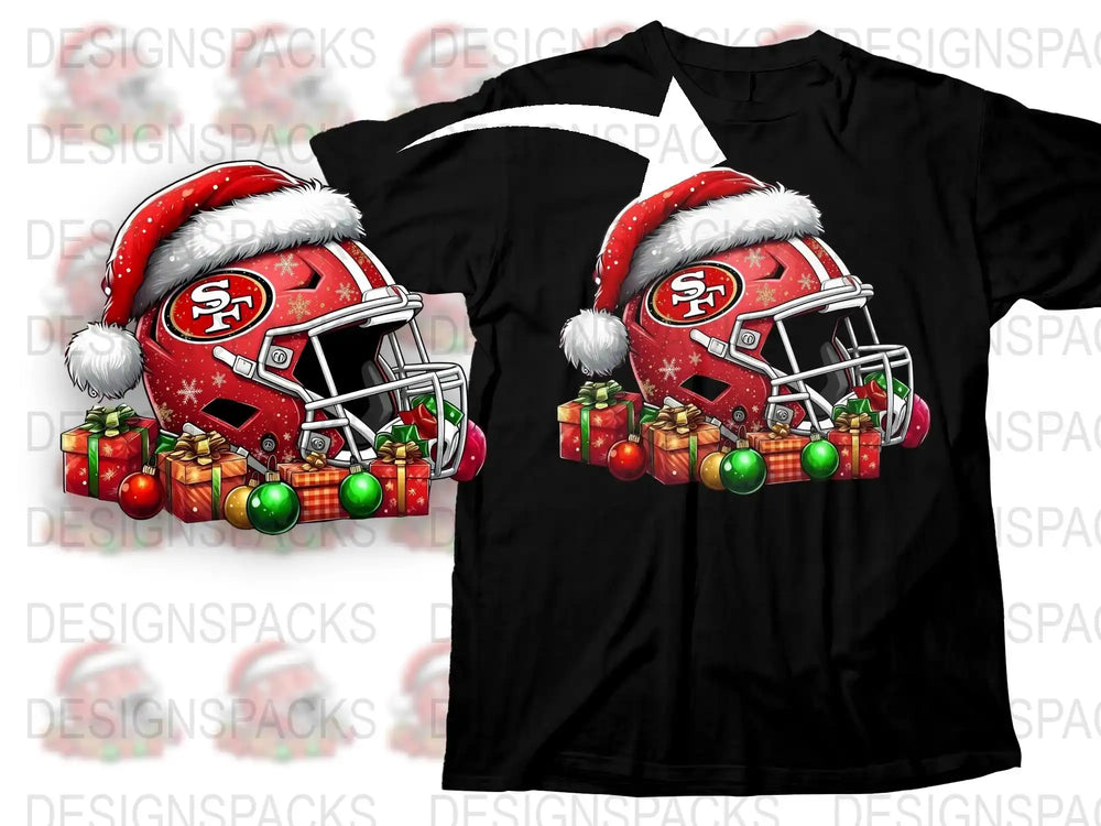San Francisco 49ers Christmas T-Shirt, Festive Holiday Football Helmet Design, NFL Fan Apparel