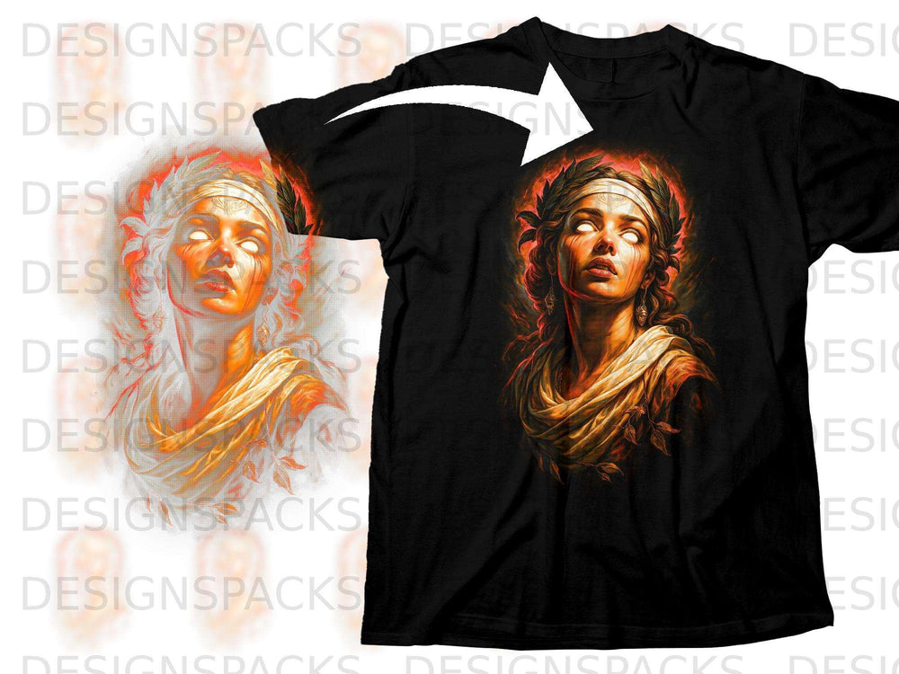 Black t-shirt with a stylized portrait of a woman wearing a laurel wreath.