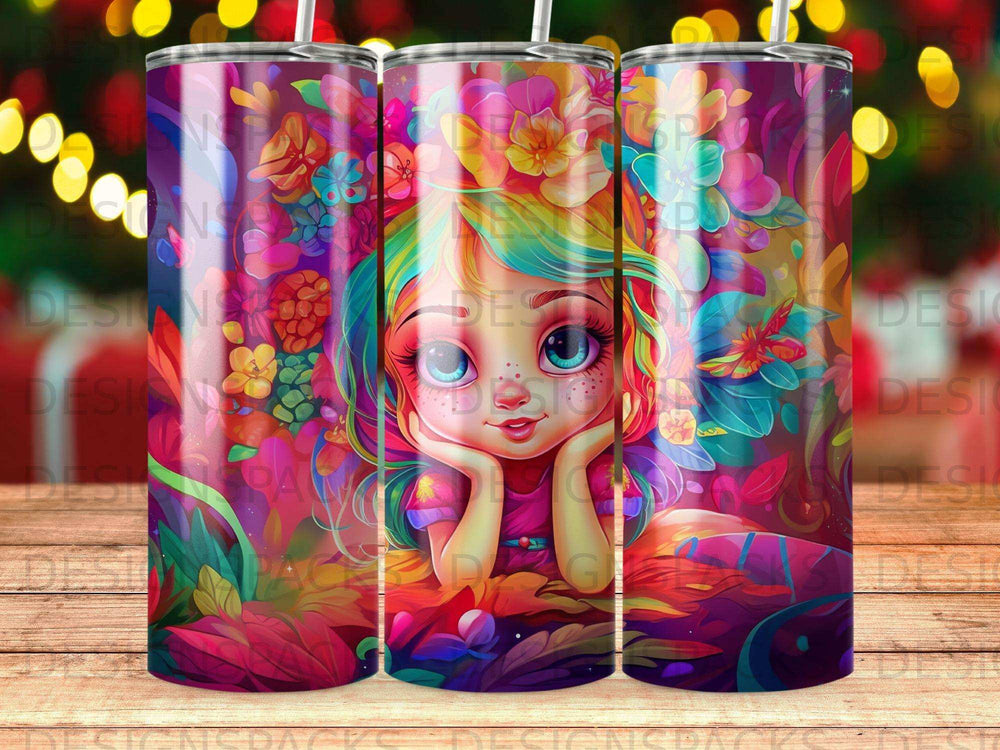 Fantasy portrait of a girl with colorful hair surrounded by vibrant flowers and leaves.
