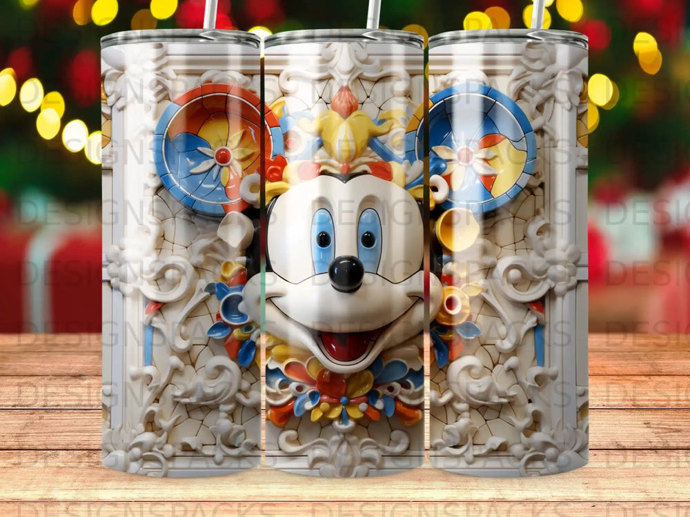 Mickey Mouse with colorful stained glass and floral accents on a textured tumbler.