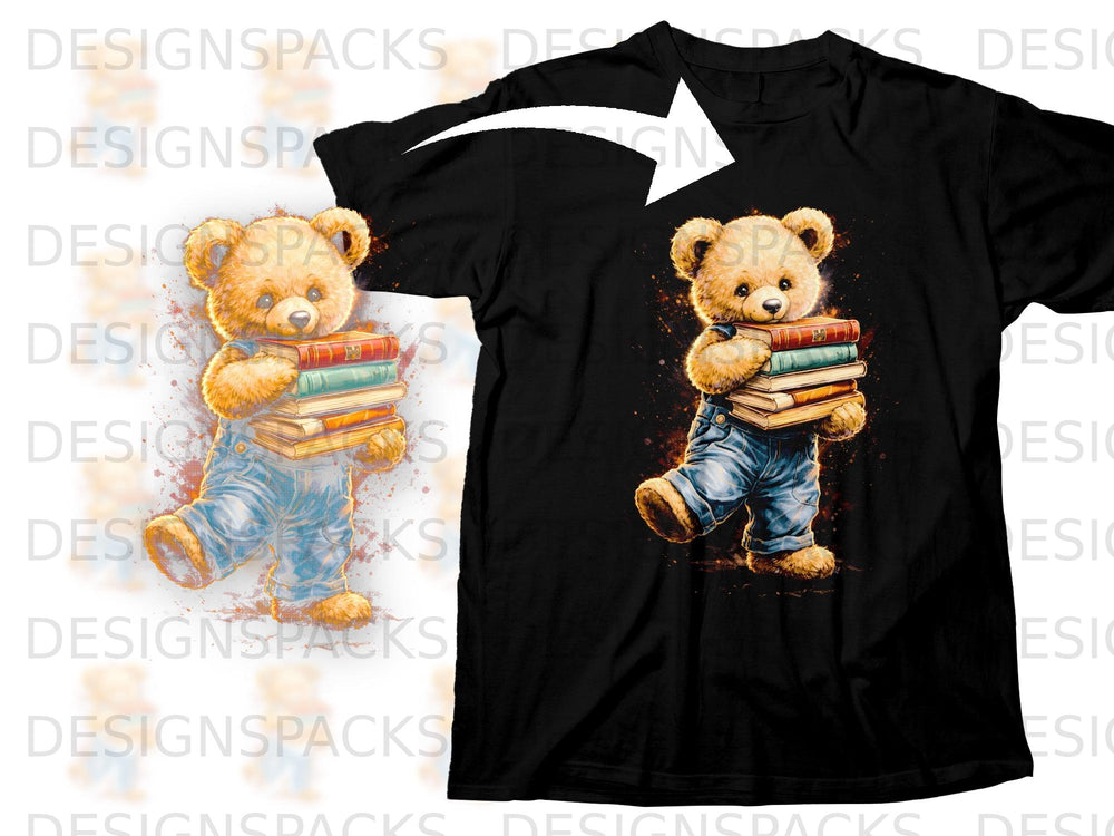 Teddy bear in overalls holding a stack of books on black t-shirt.