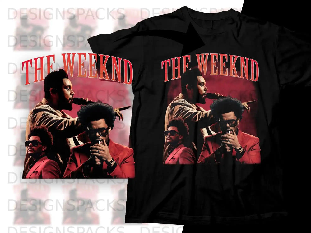 The Weeknd album art graphic on a black t-shirt.