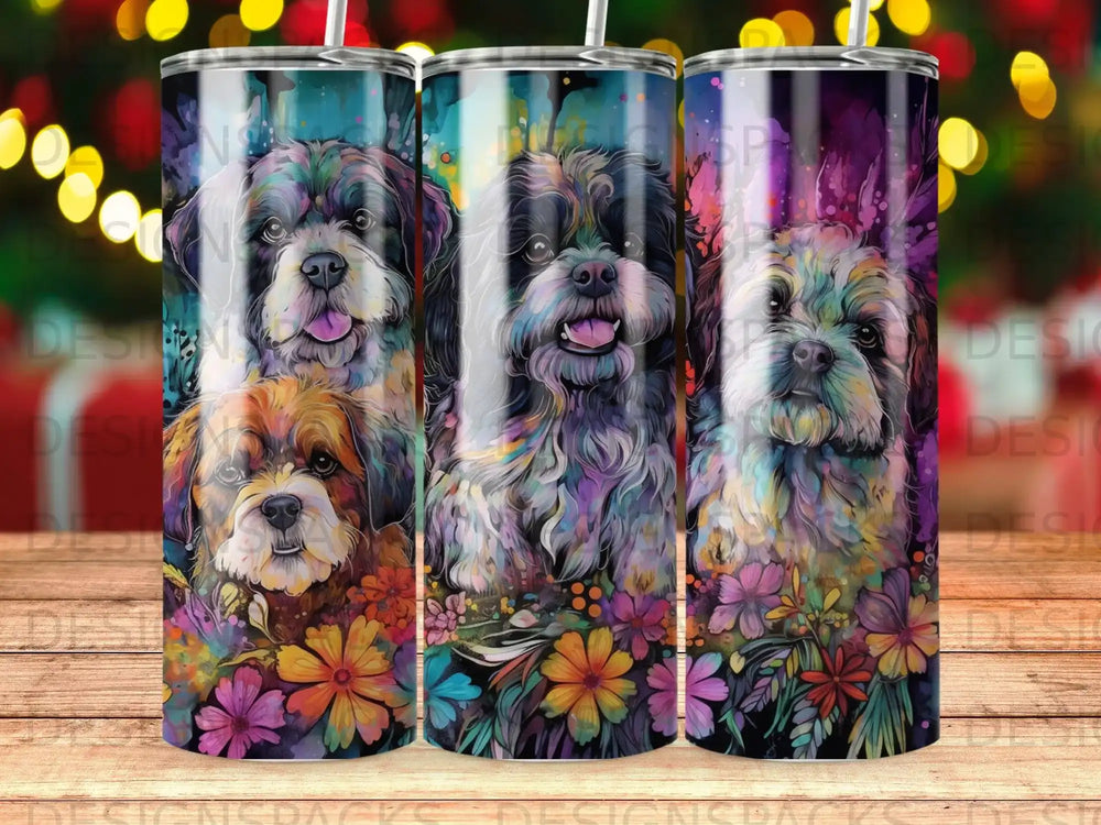 Three tumblers with colorful floral backgrounds and portraits of dogs.