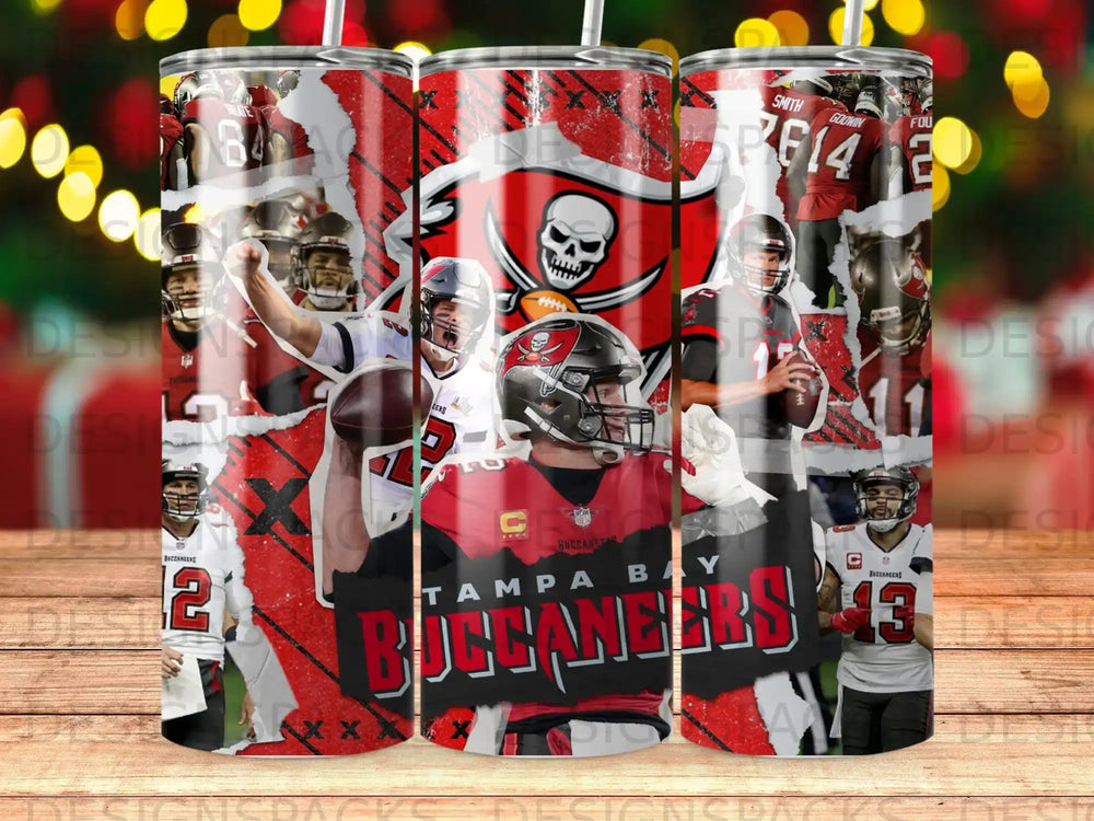 Tampa Bay Buccaneers players and logo on a patterned tumbler.