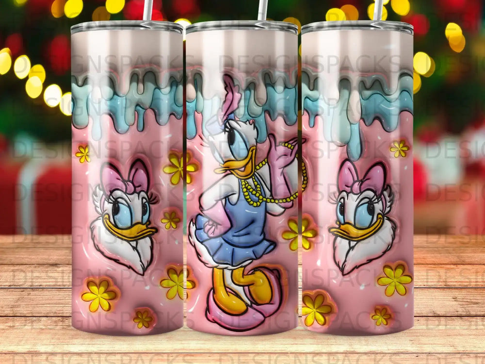 Daisy Duck in pink dress and pearls with yellow flowers on a pink background.