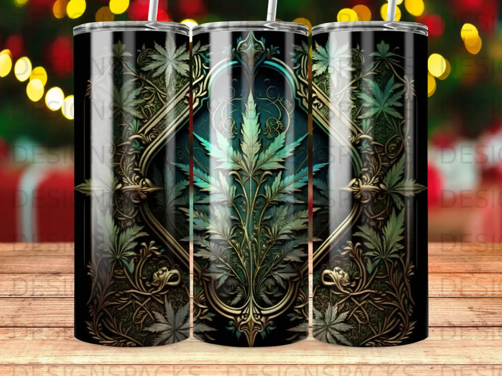 Green cannabis leaves in ornate golden frame on a black background.