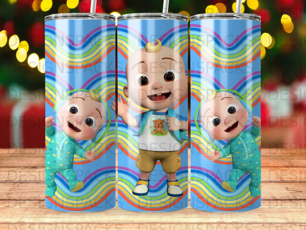 JJ from CoComelon wearing a bear t-shirt and blue pajamas on a tumbler.