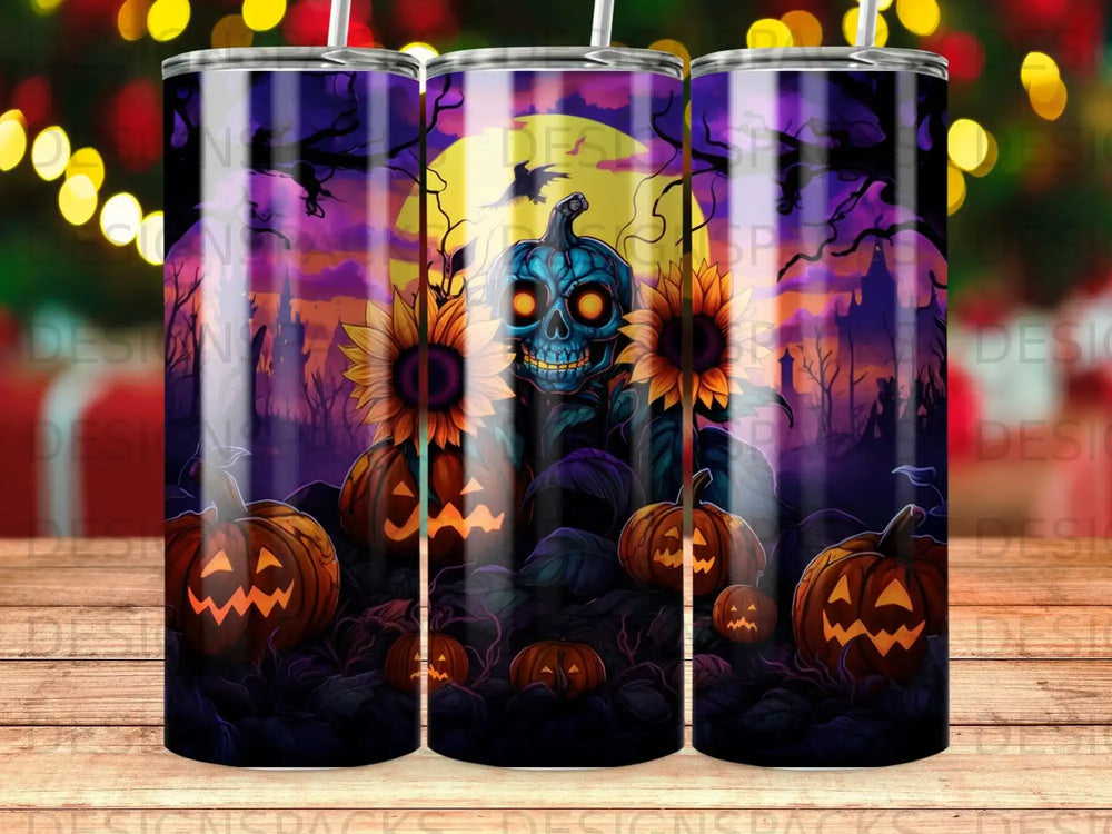 Halloween tumbler with pumpkins, sunflowers, and a skull ghost.