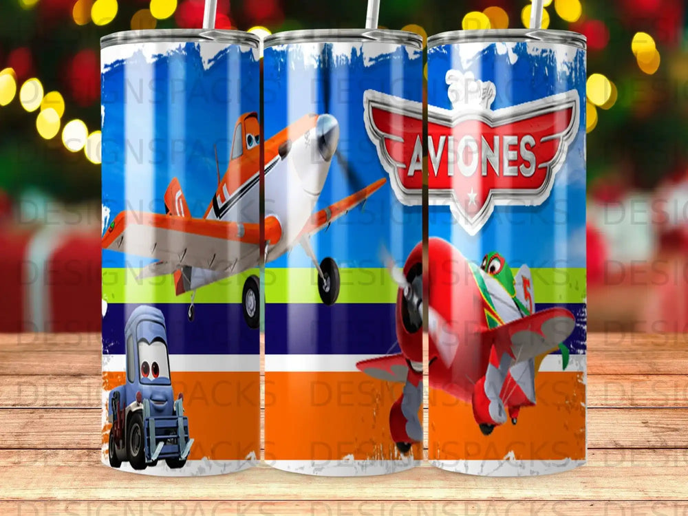 Disney Planes characters Dusty and a tow truck on a striped background.