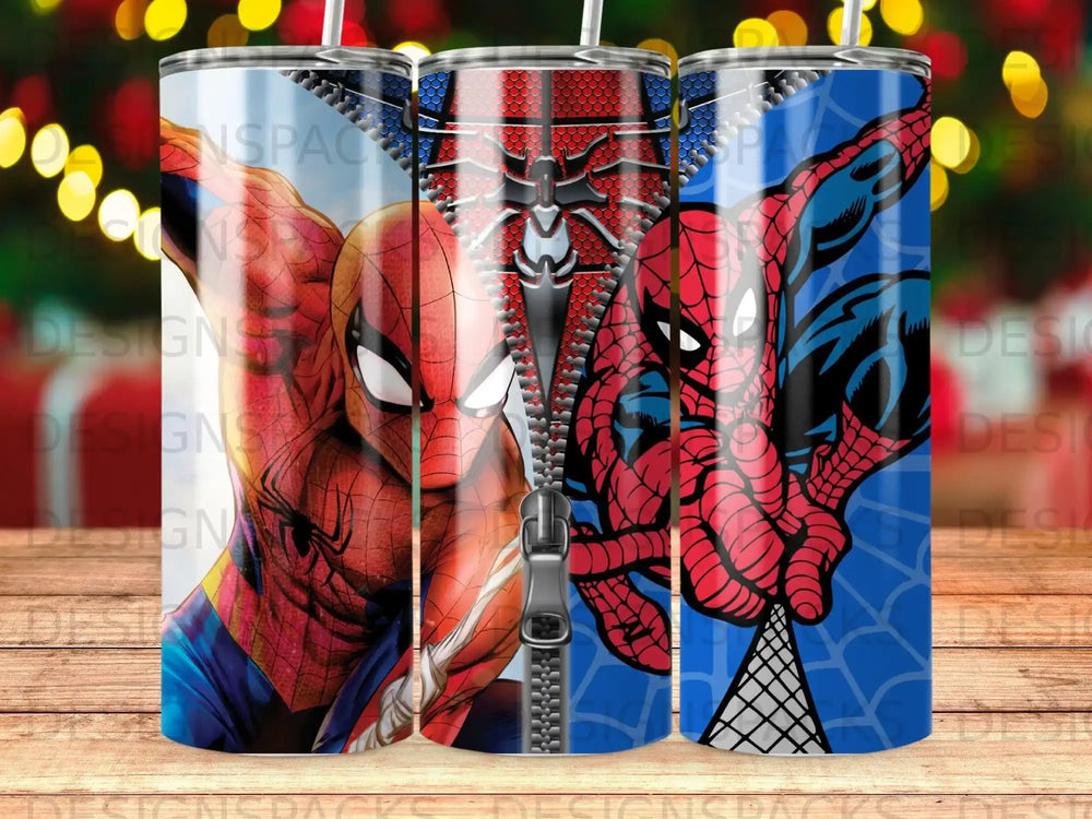 Spiderman zipper design on three tumblers.