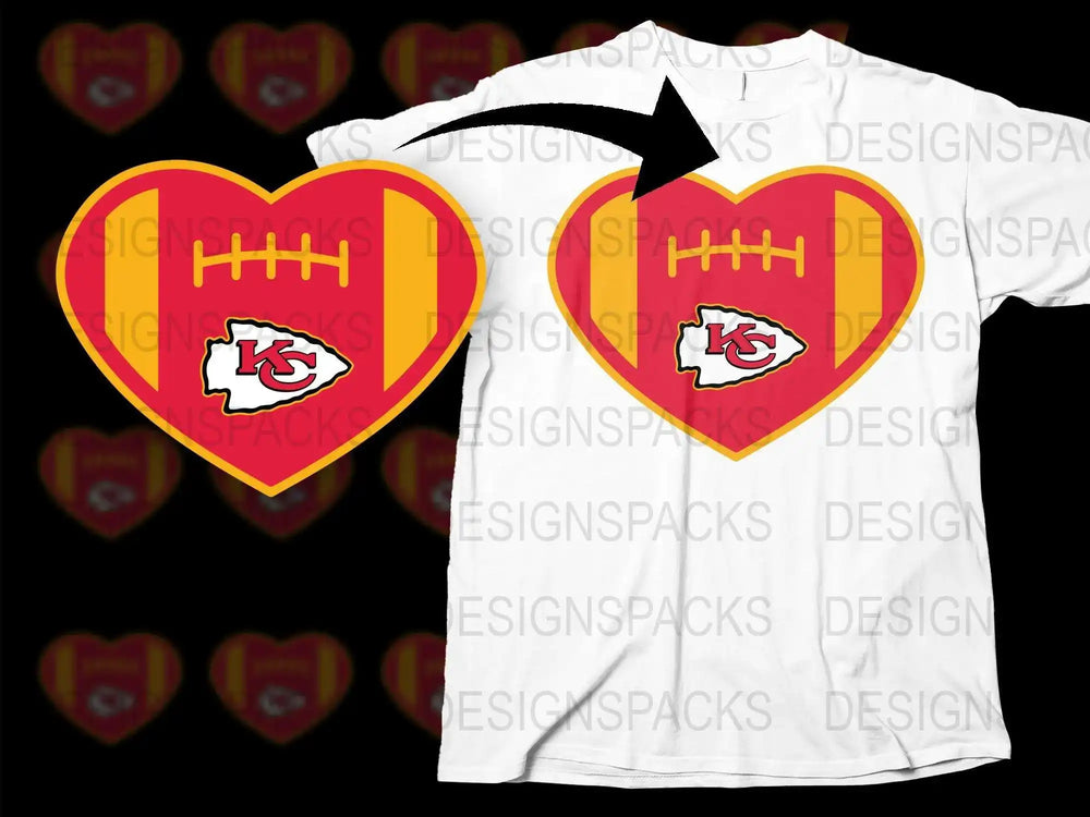 Kansas City Football Heart Graphic T-Shirt, Sports Team Fan Apparel, Red and Yellow Colors, Casual Wear