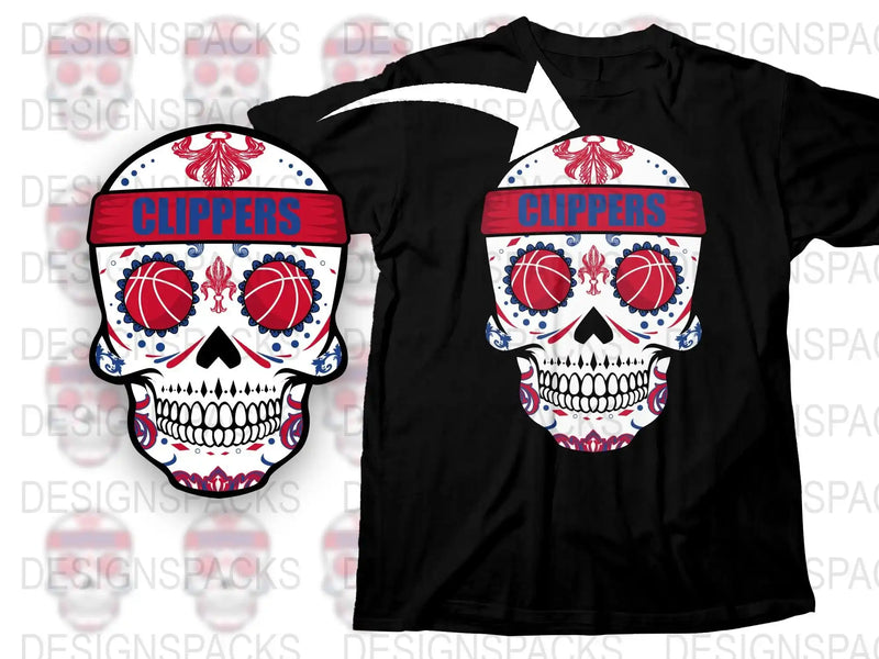 Clippers Basketball Skull T-Shirt, Unique LA Sports Fan Apparel, Gothic Team Support Gear