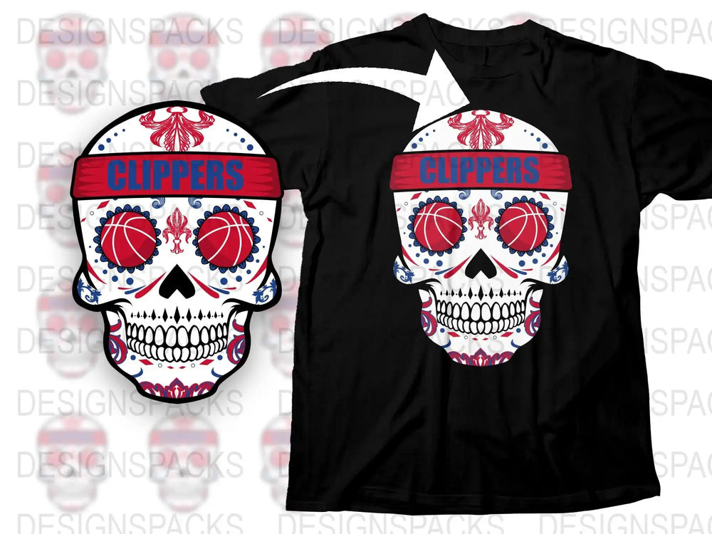 Clippers Basketball Skull T-Shirt, Unique LA Sports Fan Apparel, Gothic Team Support Gear