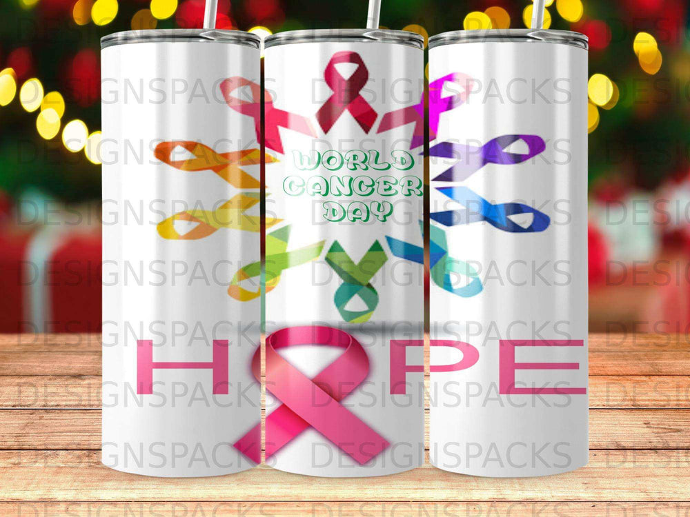 Pink ribbon and "World Cancer Day Hope" text on three tumblers.
