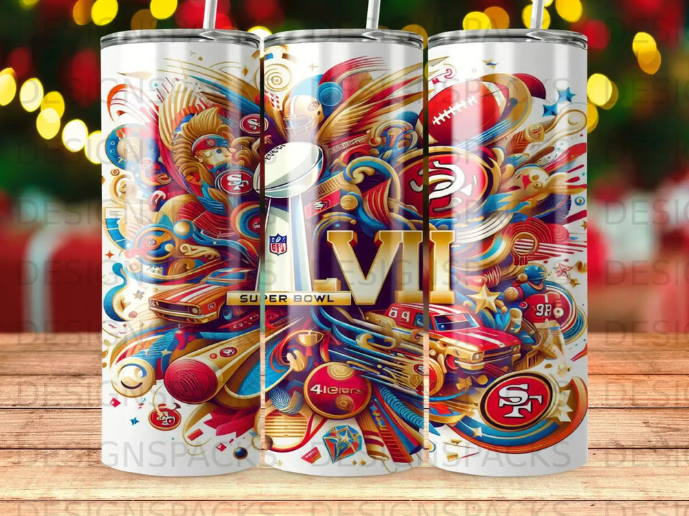 Super Bowl LVI themed tumbler design with 49ers logos and football elements.