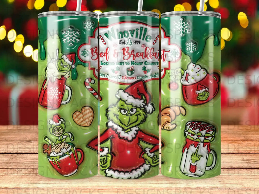 Whoville Bed & Breakfast sign with Grinch and holiday elements.
