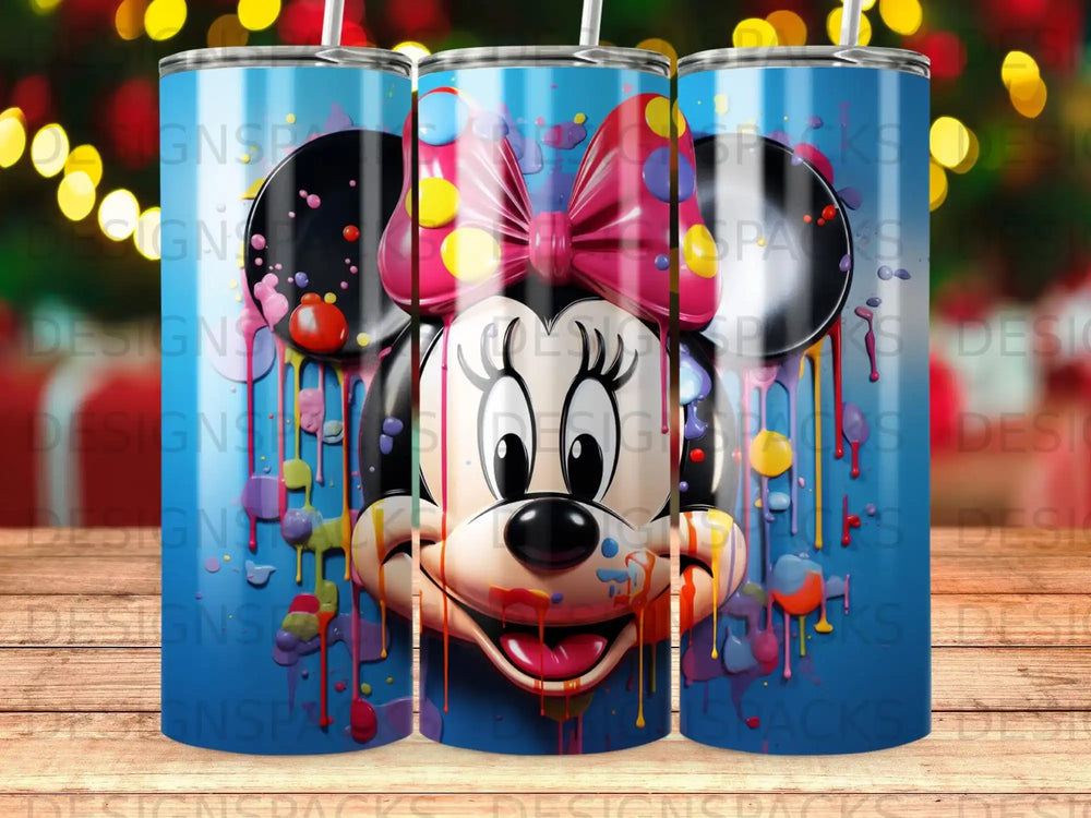 Minnie Mouse with colorful paint splatters on a blue background.