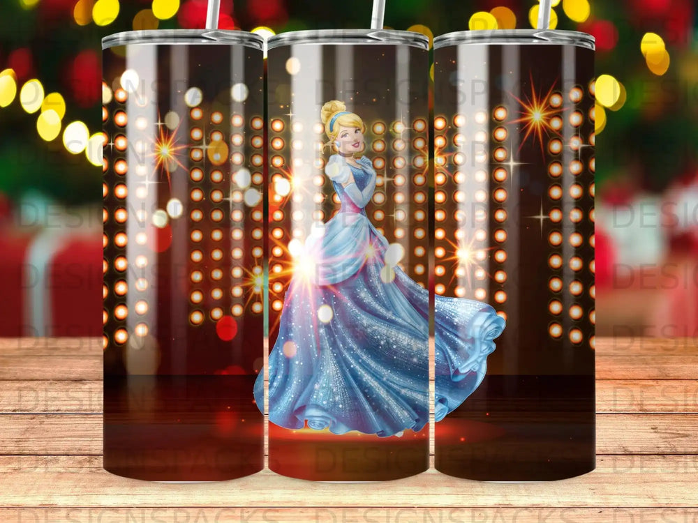 Cinderella in a sparkling blue ballgown against a bokeh light background.