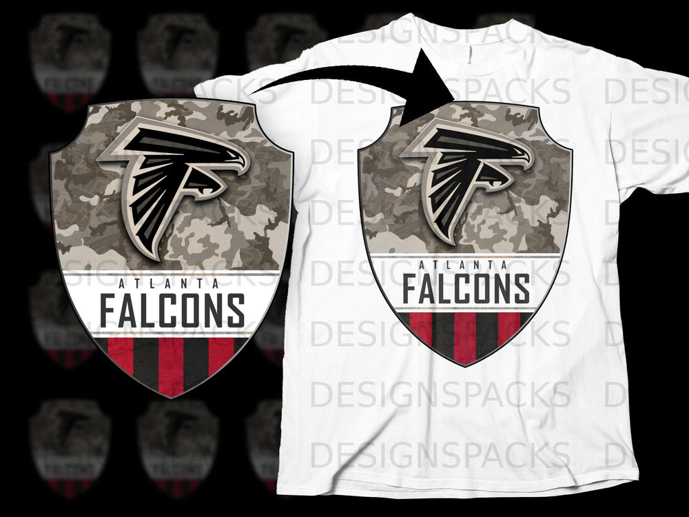 Atlanta Falcons shield logo with camouflage pattern on a white t-shirt.