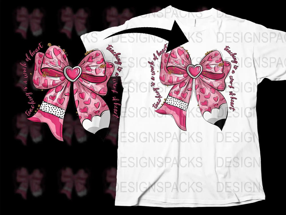 Pink Heart Bow T-Shirt, Love and Hearts Pattern, Girls Valentine's Day Top, Cute Graphic Tee Design, Trendy Kids Clothing