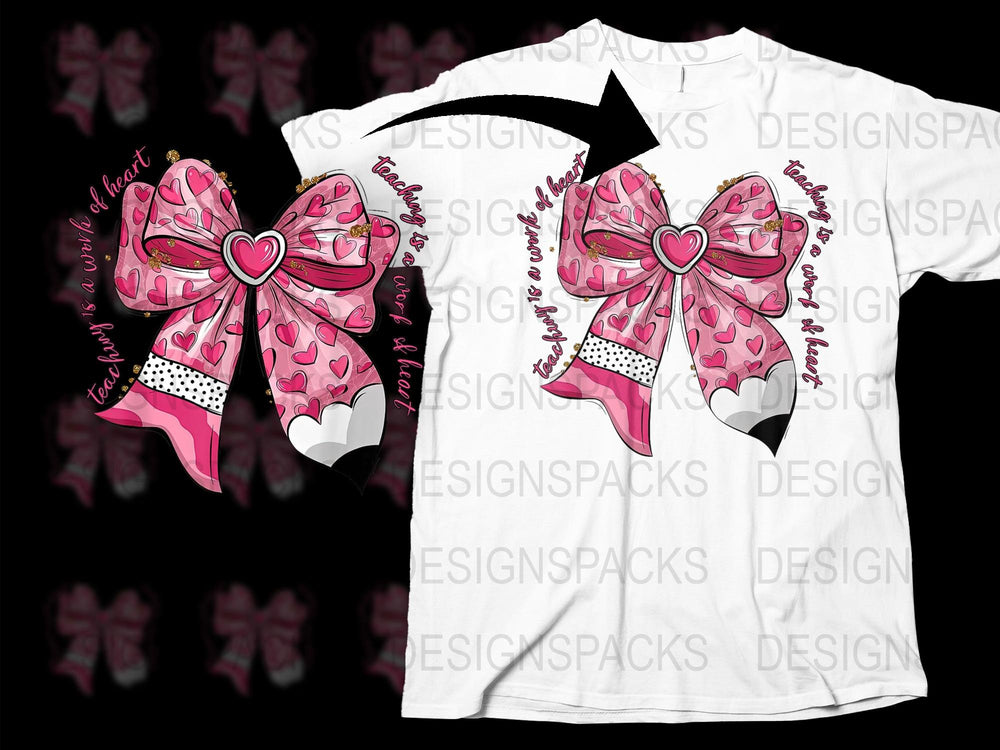 Pink Heart Bow T-Shirt, Love and Hearts Pattern, Girls Valentine's Day Top, Cute Graphic Tee Design, Trendy Kids Clothing