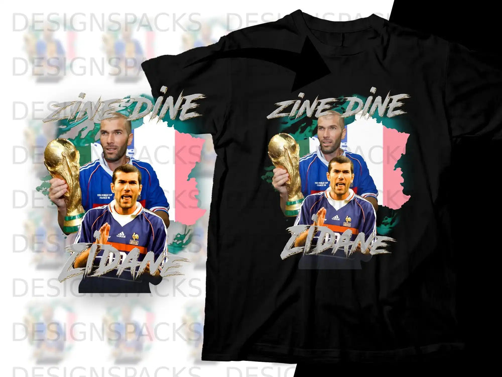 Zinedine Zidane holding a World Cup trophy, t-shirt design.