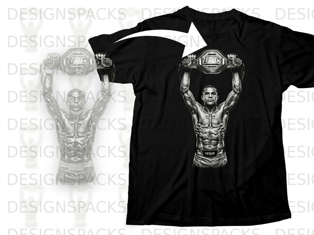 Black t-shirt featuring fighter holding UFC belt, with "JESUS" tattoo.