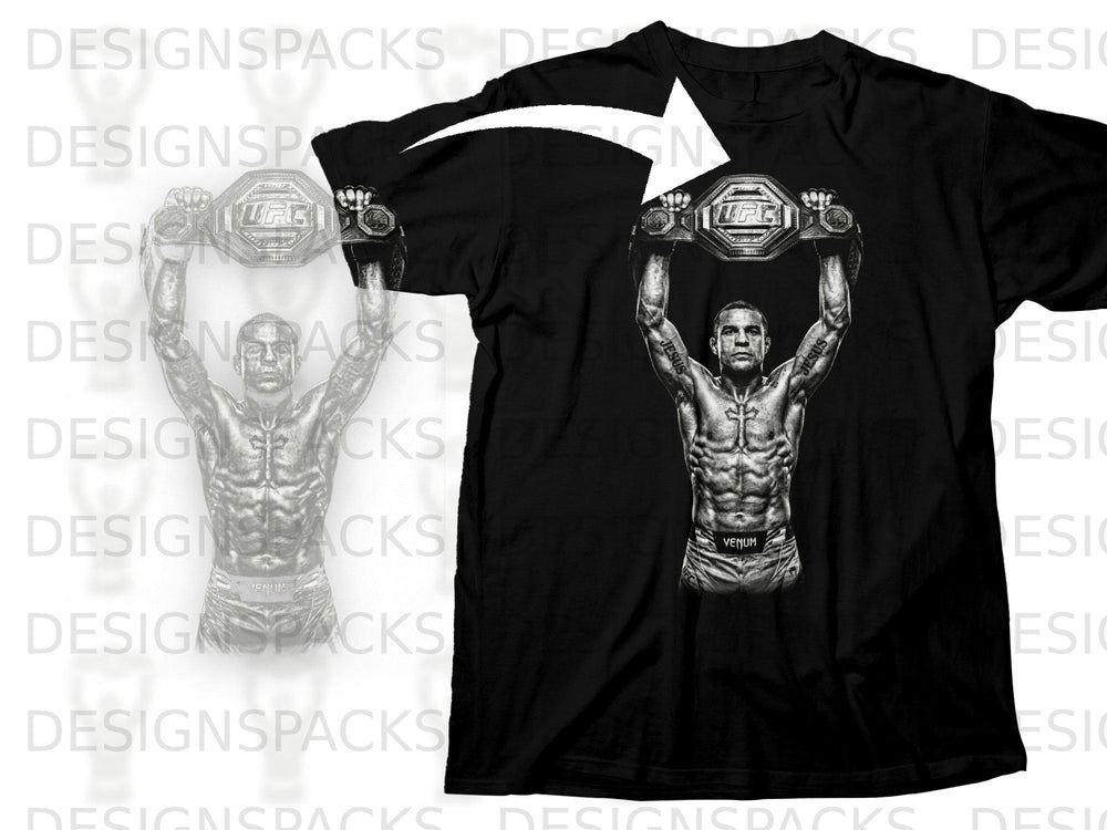 Black t-shirt featuring fighter holding UFC belt, with "JESUS" tattoo.