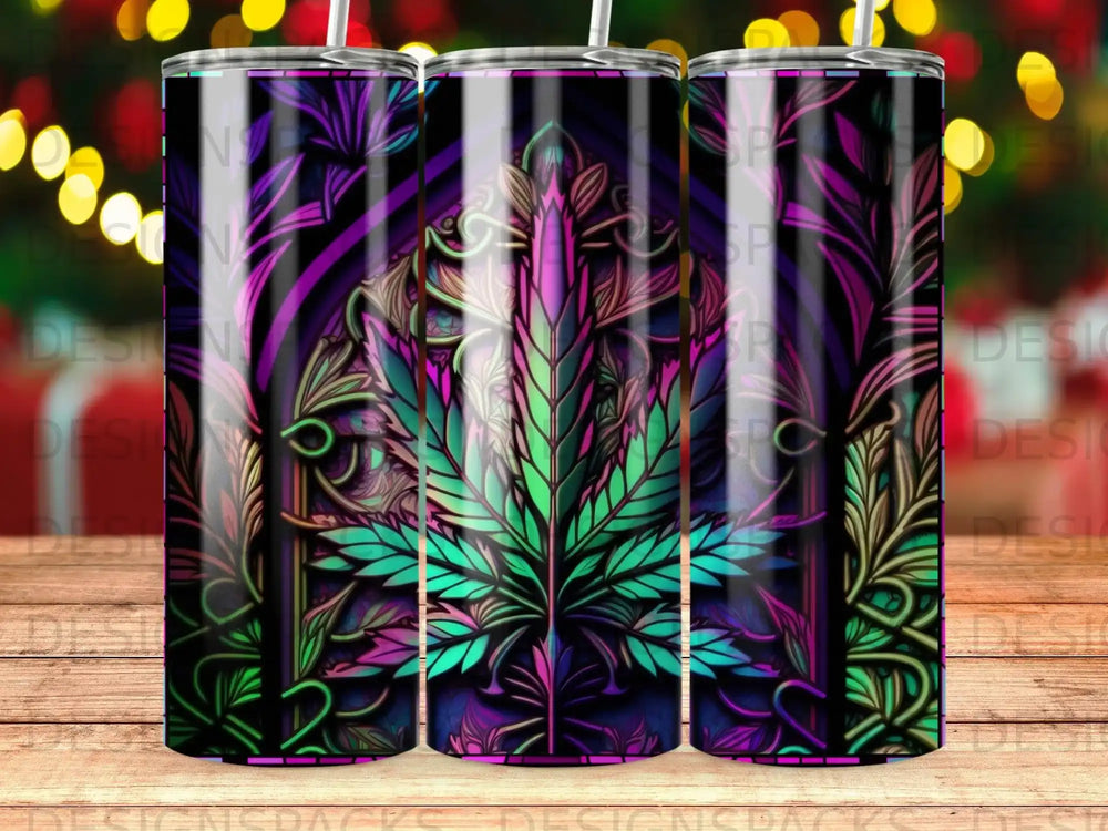 Three tumblers with a vibrant cannabis leaf and psychedelic floral design.