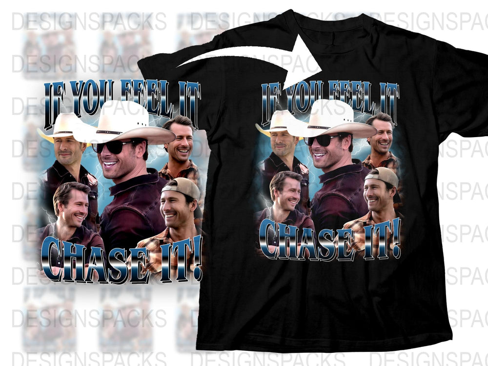 Cowboy Hat Graphic T-Shirt, Funny Chase It Motivational Quote, Casual Black Tee, Men's Fashion, Unique Gift Idea