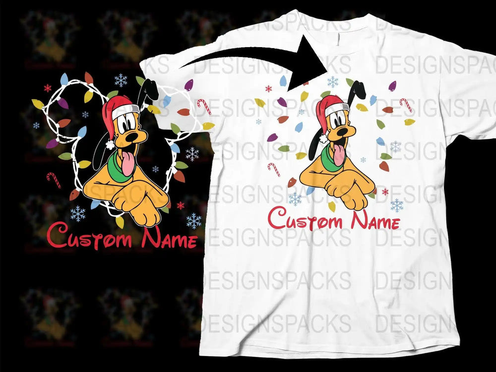 Custom Name Winter Holiday T-Shirt with Cartoon Dog and Festive Lights Design